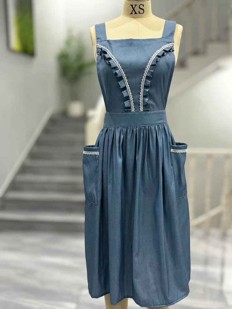 韩版时尚舒适透气高品质洋气薄款夏季长款牛仔围裙厨房工作居家