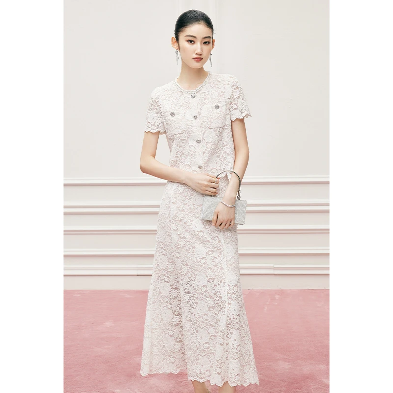 MandyZhang设计感手工镶钻白色圆领衬衫女气质显瘦蕾丝短袖小上衣