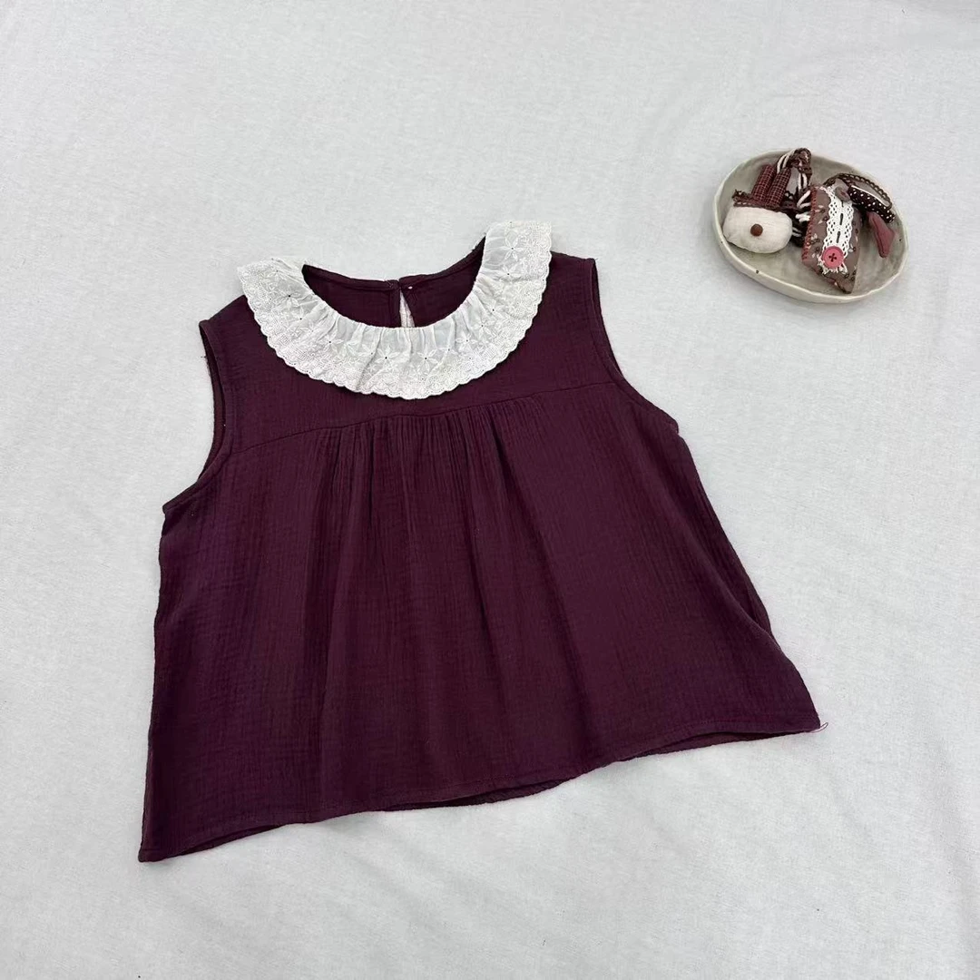 〖姐姐家〗2025夏款儿童萌娃穿搭蕾丝翻领娃娃衫无袖衬衫26615