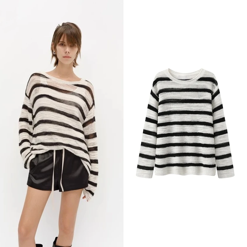 【MO订单】针织衫2025春新品含亚麻条纹轻柔薄款慵懒卷边落肩K5403