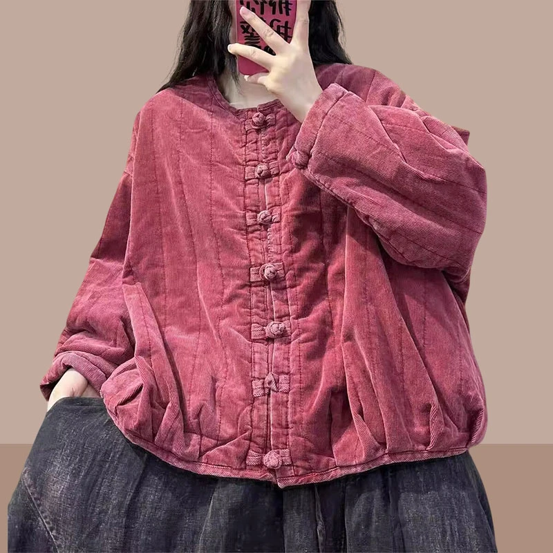 冬季新款复古细条绒夹棉外套女重工炒色加厚棉衣盘扣棉服保暖棉袄