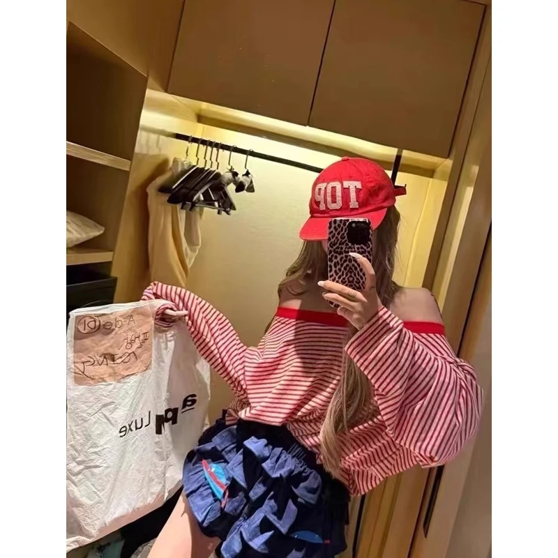 撞色斜肩条纹长袖t恤女夏季薄款防晒罩衫上衣