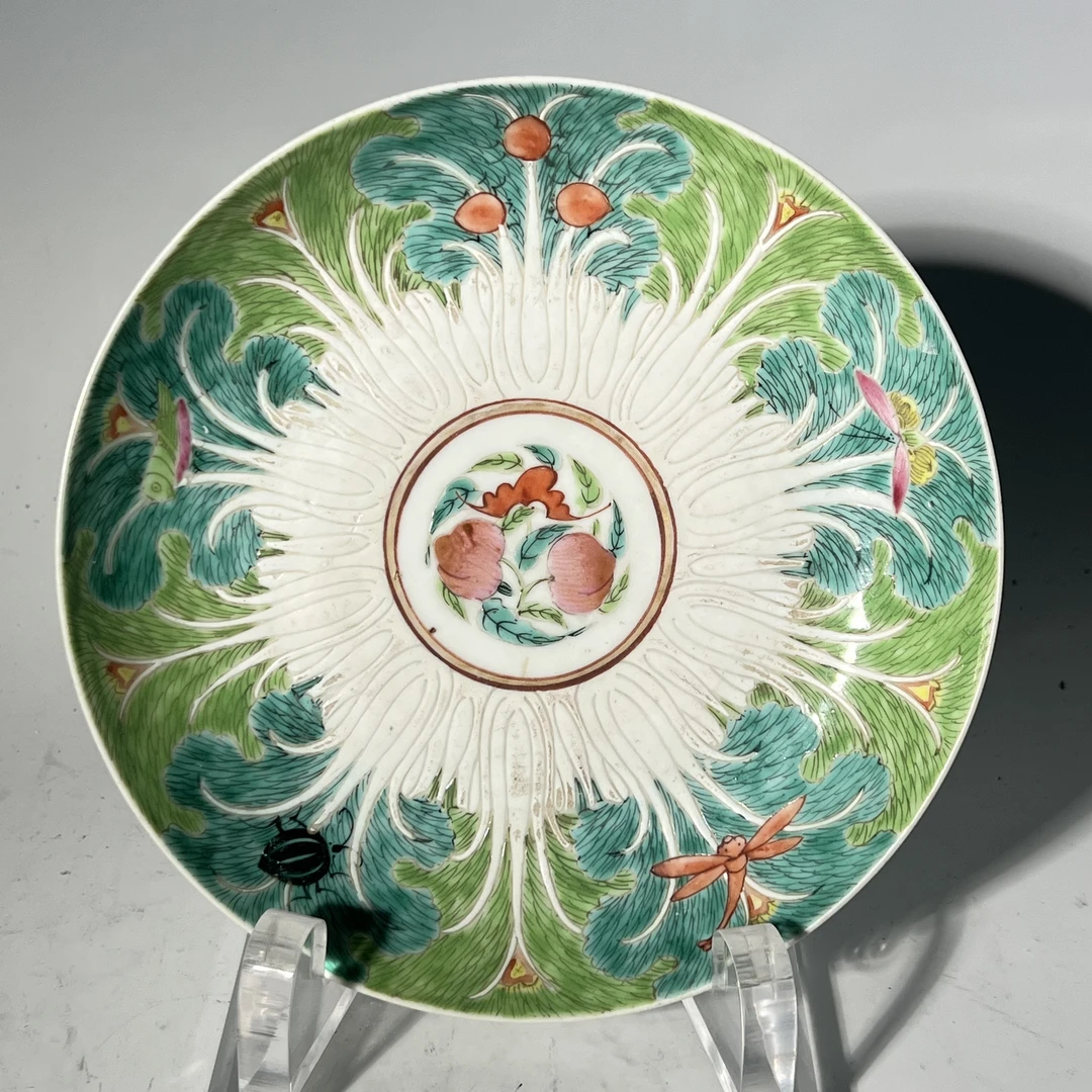 Q-清中期 粉彩百财福寿纹盘 直径18.5