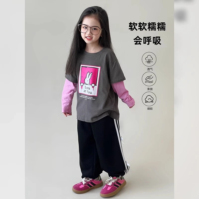 女童长袖新款秋装T恤打底衫小女孩假两件宝宝春秋款纯棉23070589