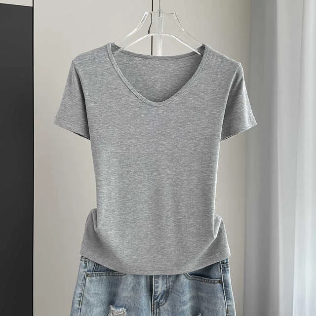 正肩短袖t恤女夏季V领薄款新款宽松U领基础款螺纹洋气上衣打底衫