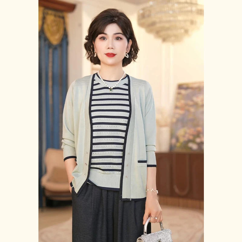 2025新款中老年女装春季拼色长袖衫针织衫洋气两件套