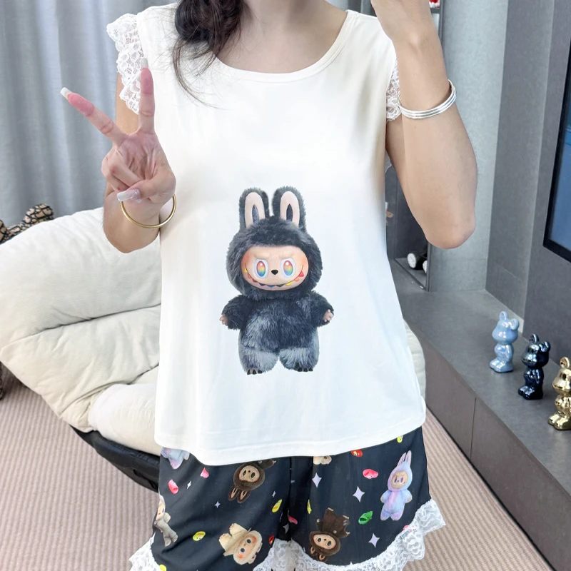 睡衣女夏季爆款小飞袖卡通带胸垫薄款休闲宽松家居服套装-522（TZ）