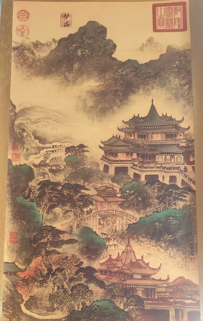 立轴仇中式复古仇山水布挂装饰画客厅书房茶室适用
