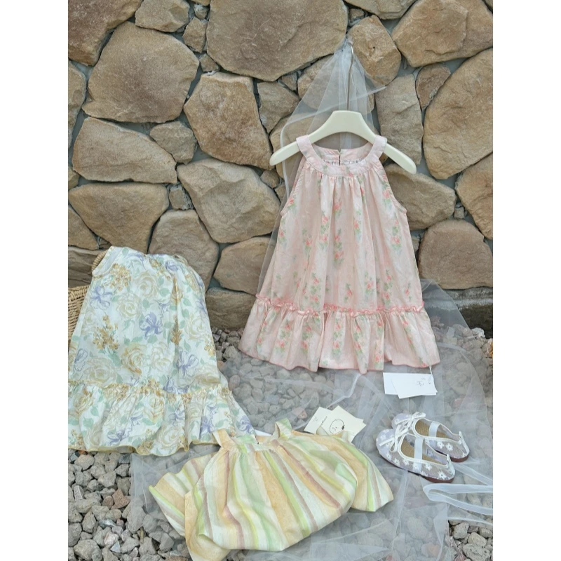【橘子家】女童挂脖碎花连衣裙2025夏季新款儿童条纹棉布裙HS62372