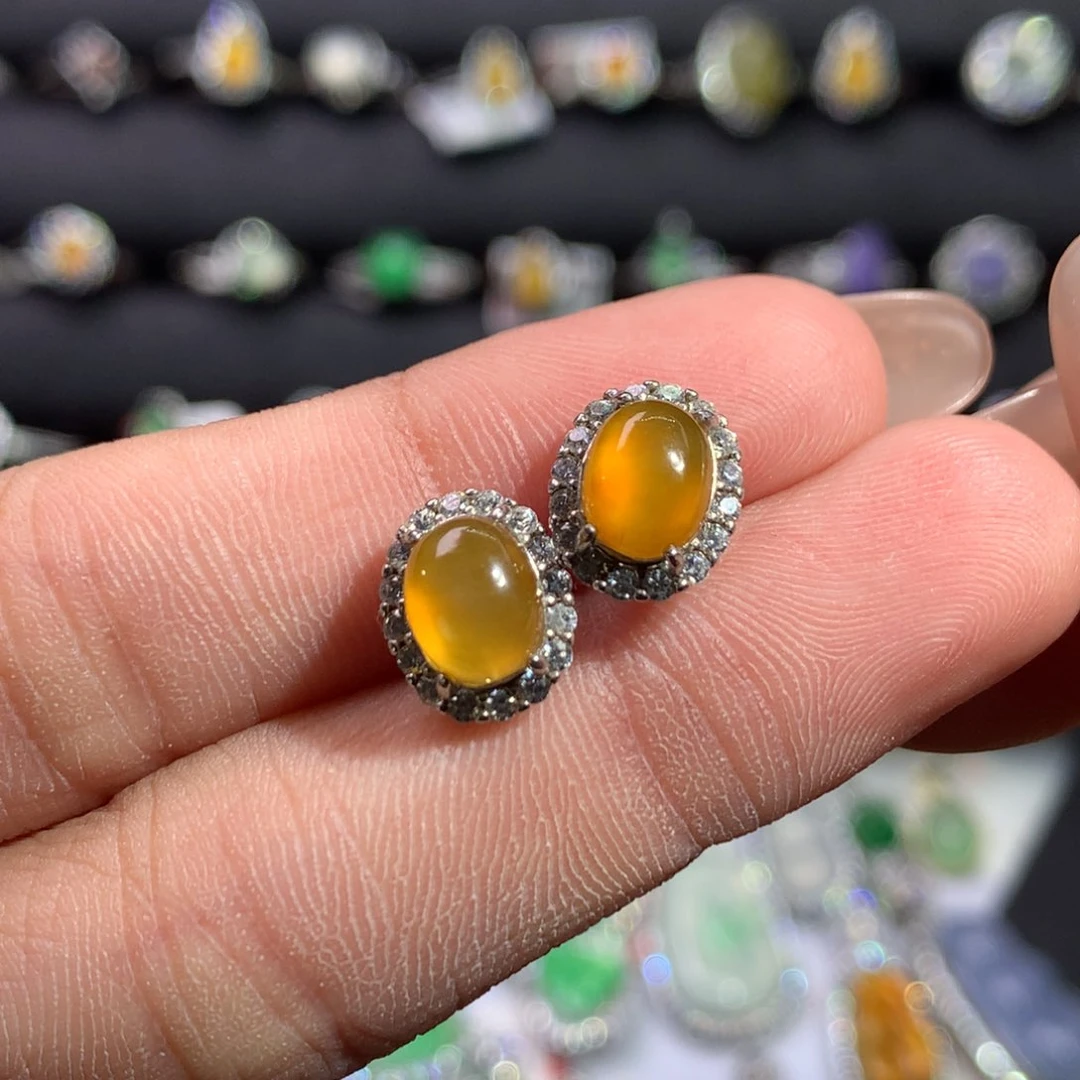 翡翠戒指银S925镶嵌蛋面耳钉