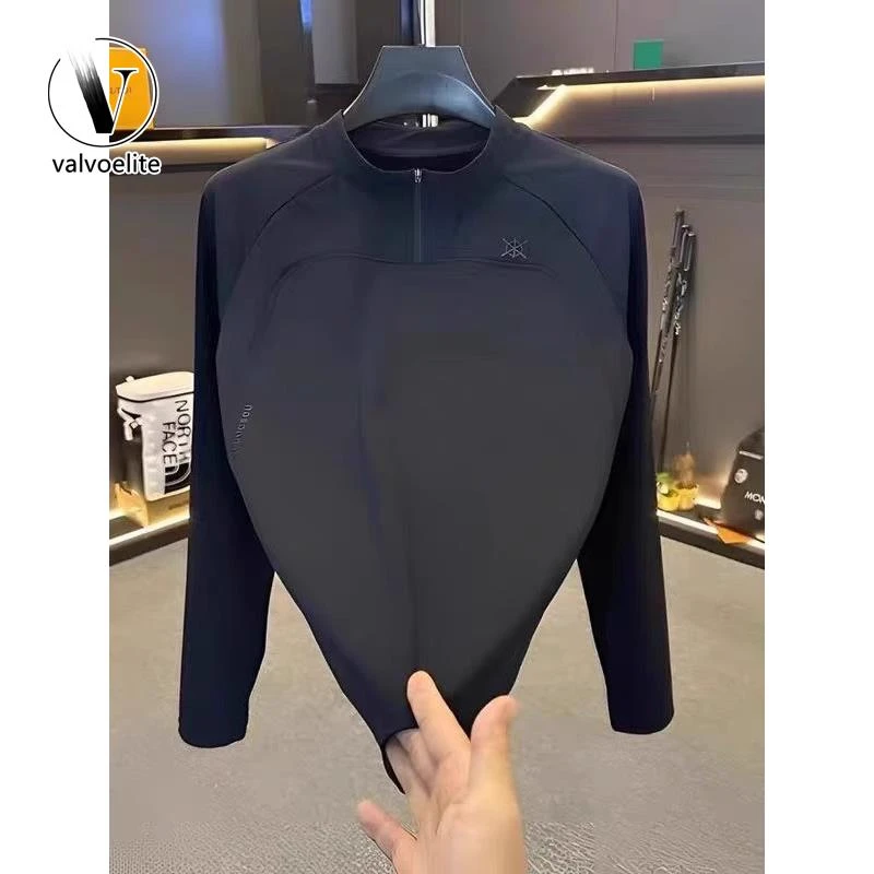 VALVOELITE春季新款时尚高级感半拉炼长袖T恤男潮百搭舒适体恤衫