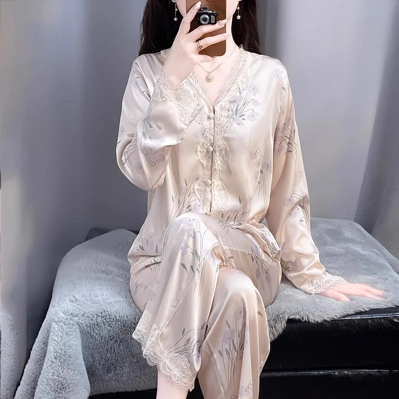 tpvl旗舰正品2025新款水光绸睡衣女春秋季V领蕾丝花边家居服套装