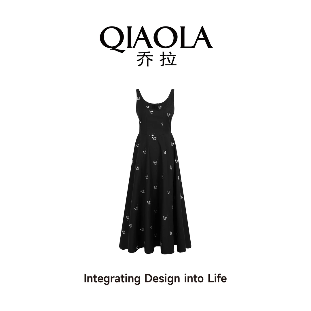QIAOLA/乔拉【曜影流年】春夏季定制天鹅印花绣珠片显瘦连衣裙预售