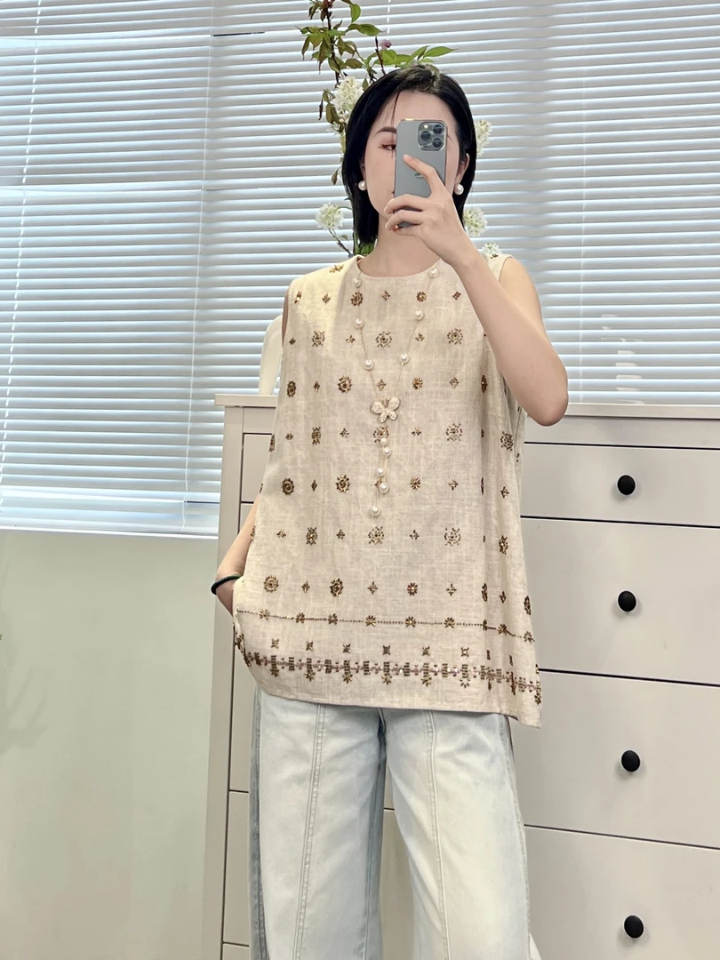 【深圳丽姐-彤彤】无袖手工钉珠麻料