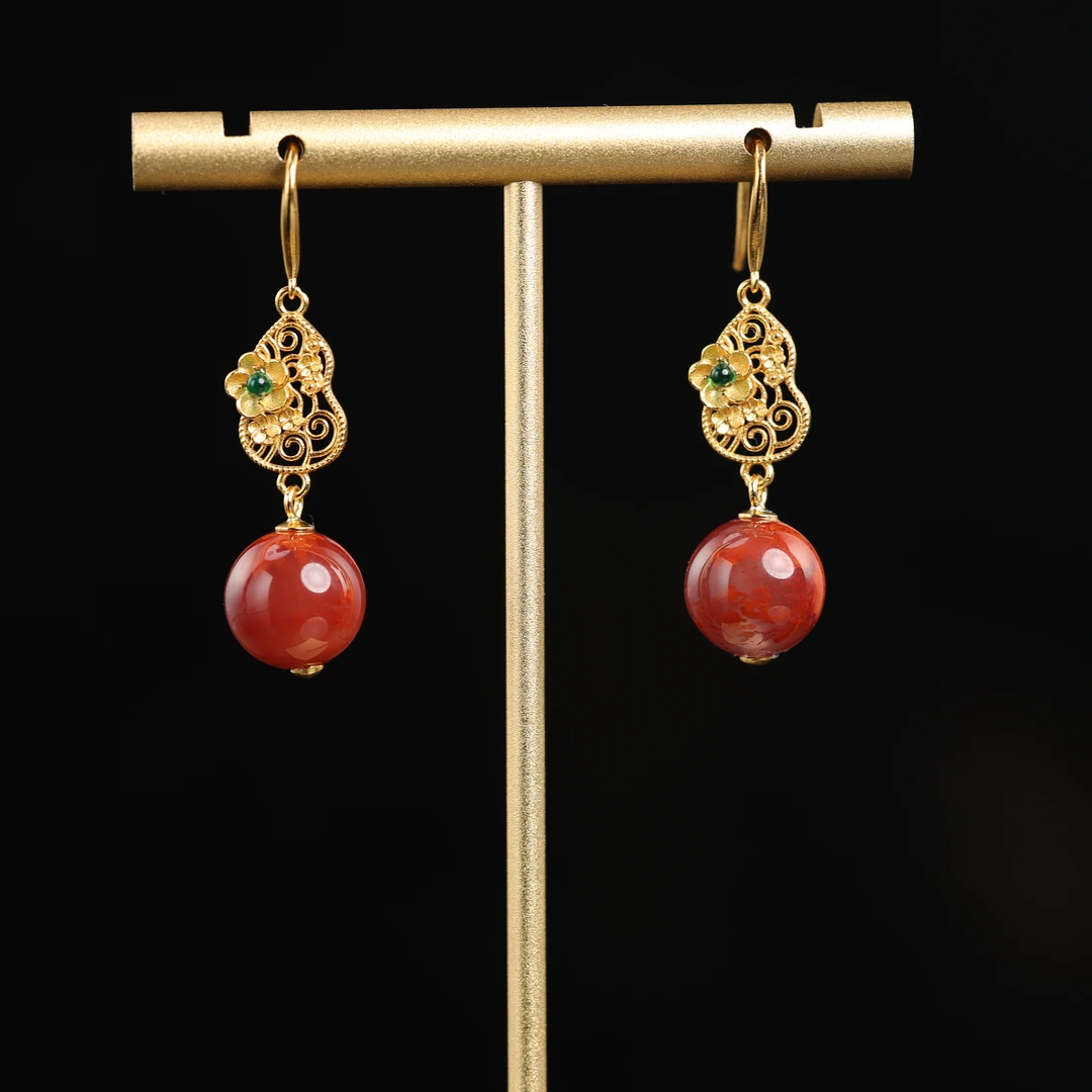 “山语”原创设计精品天然原矿南红火焰纹9mm+银饰耳饰