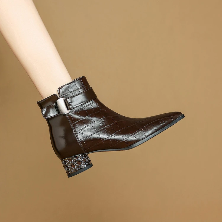 牛皮~3.5cm尖头法式粗跟真皮短靴复古秋冬新款拼接中跟百搭瘦瘦靴