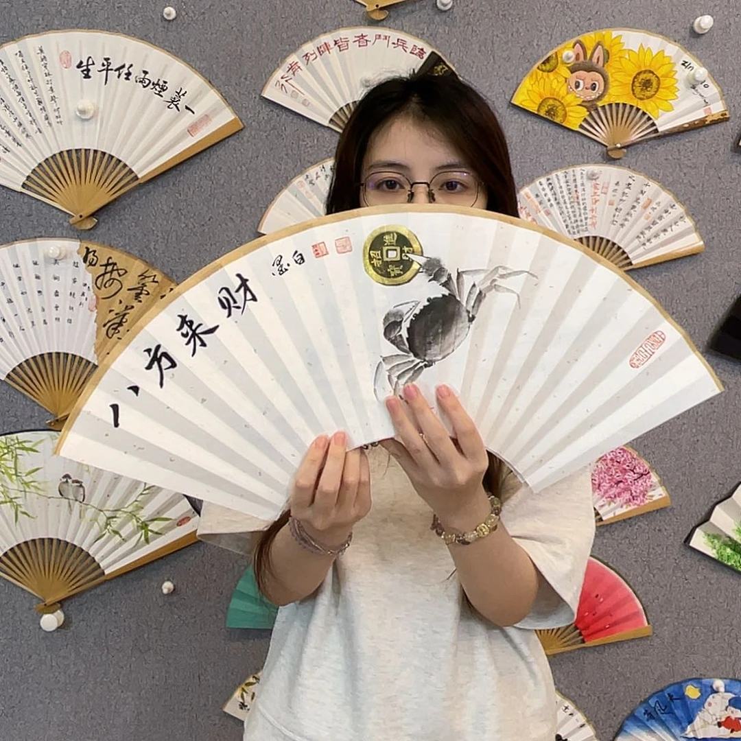 书法95寸玉竹-纯手绘-文玩扇骨（默认粘好）