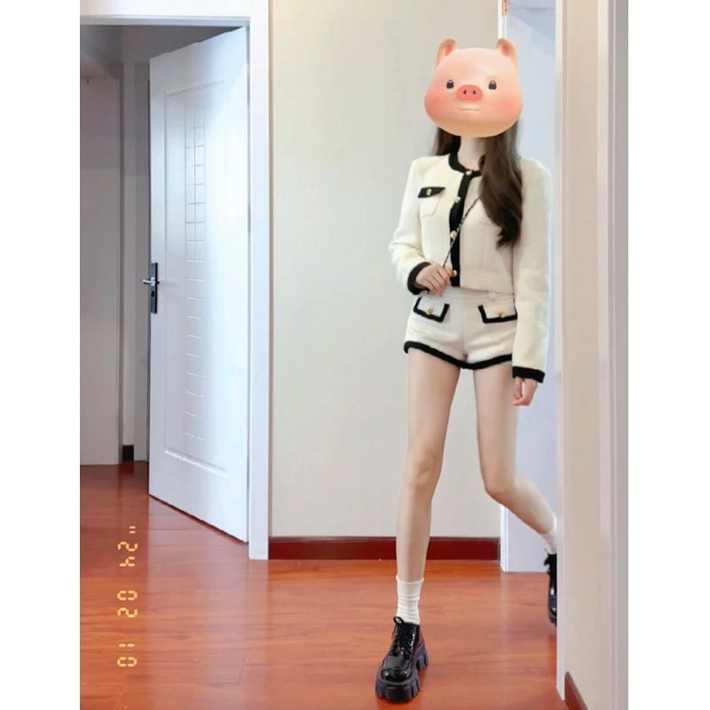 套装女2025早春新款白色粗花呢小香风短款外套上衣高腰短裤两件套
