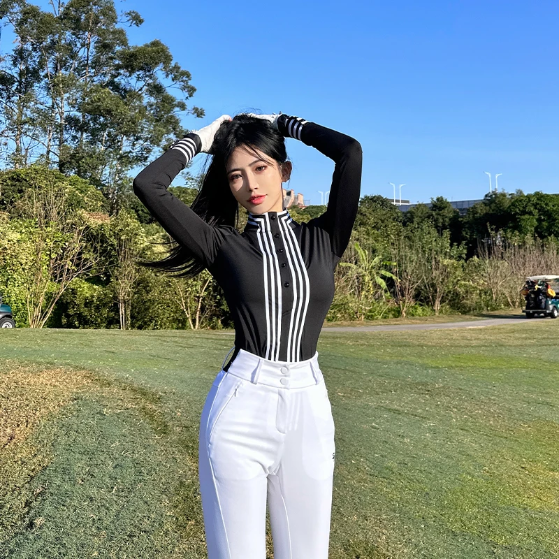 新款高尔夫女装秋季条纹立领长袖上衣女服装高腰显瘦微喇加厚长裤