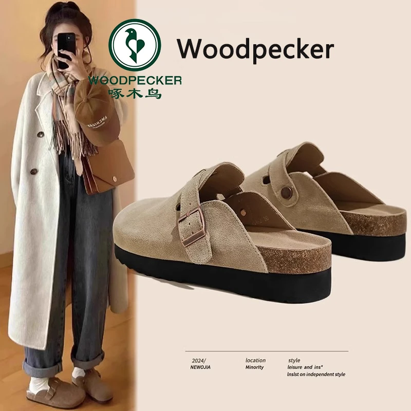 啄木鸟厚底勃肯鞋女外穿2025春秋新款博肯鞋懒人一脚蹬包头半拖鞋