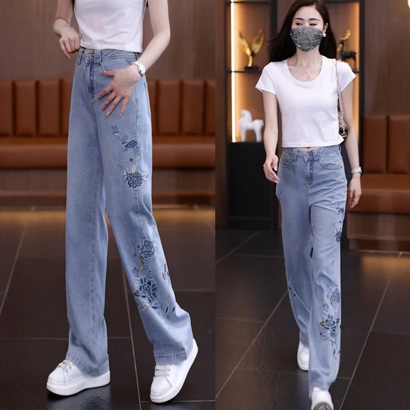 新中式国风镂空风刺绣牛仔裤女2025夏显瘦窄版阔腿裤复古休闲长裤