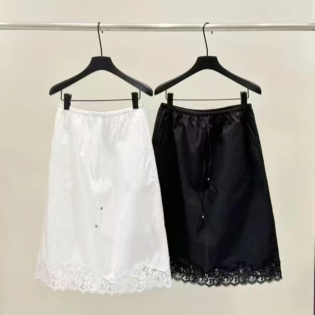 抽绳松紧腰净版拼接蕾丝半裙