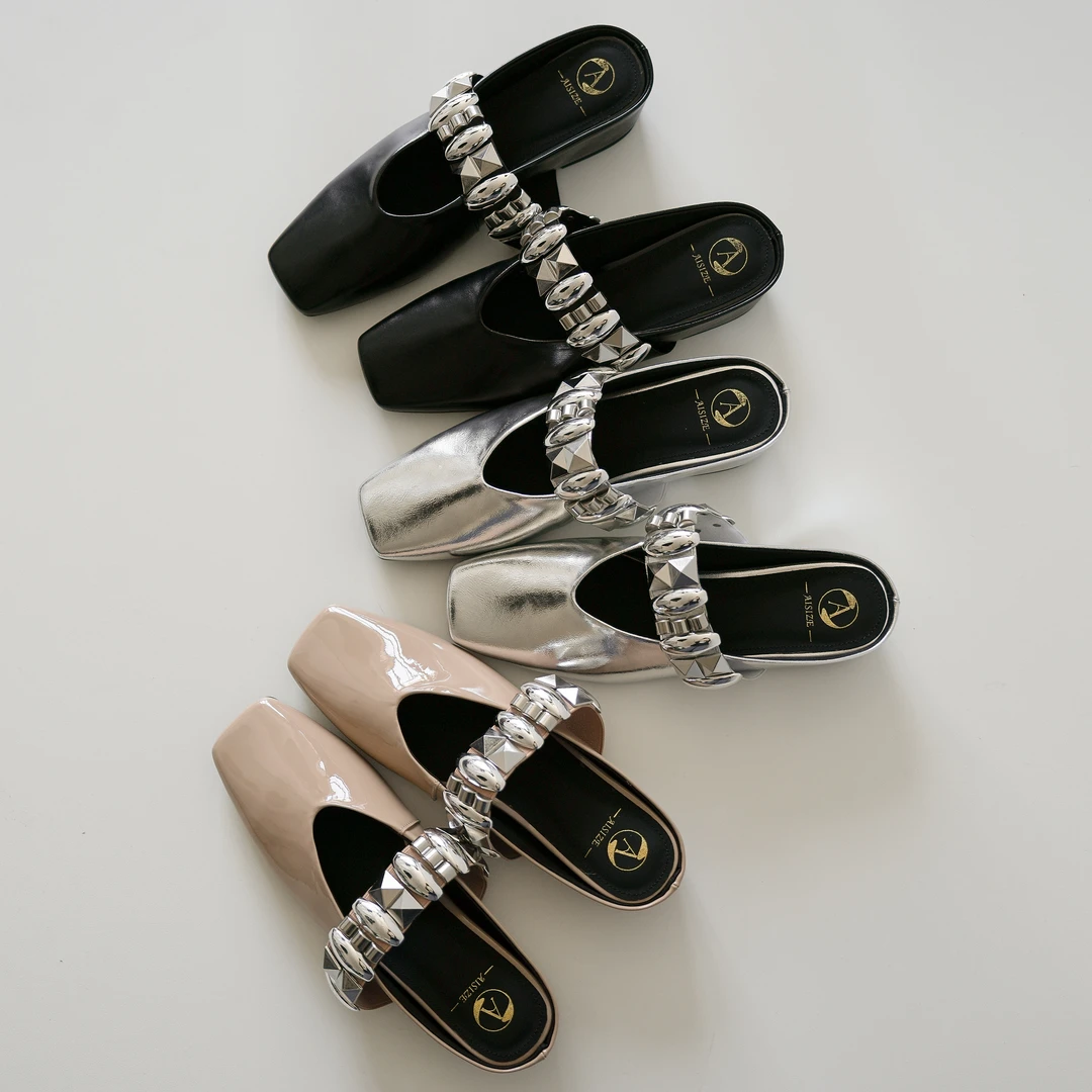 跟高4cm/34-39/2025百搭时尚方头水钻粗跟气质半拖女