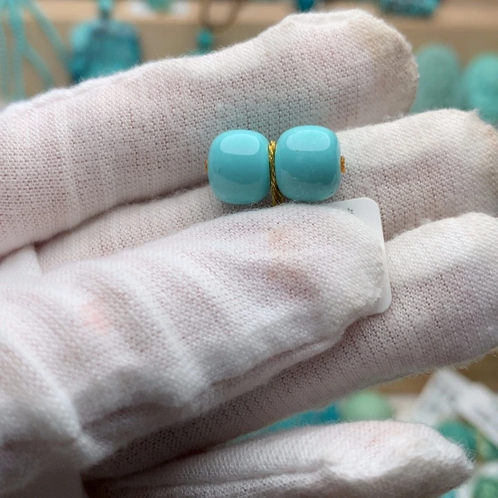 绿松石未镶嵌珠宝奇石高瓷蓝绿老型对珠9.3mm