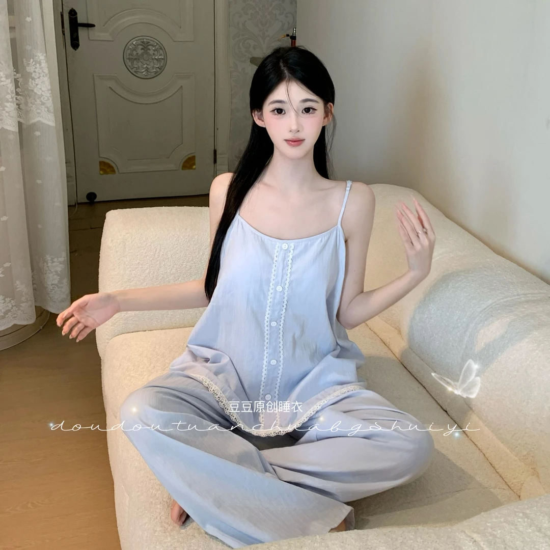 菠萝【恋夏】无袖套装高腰显瘦夏季女蕾丝法式睡衣