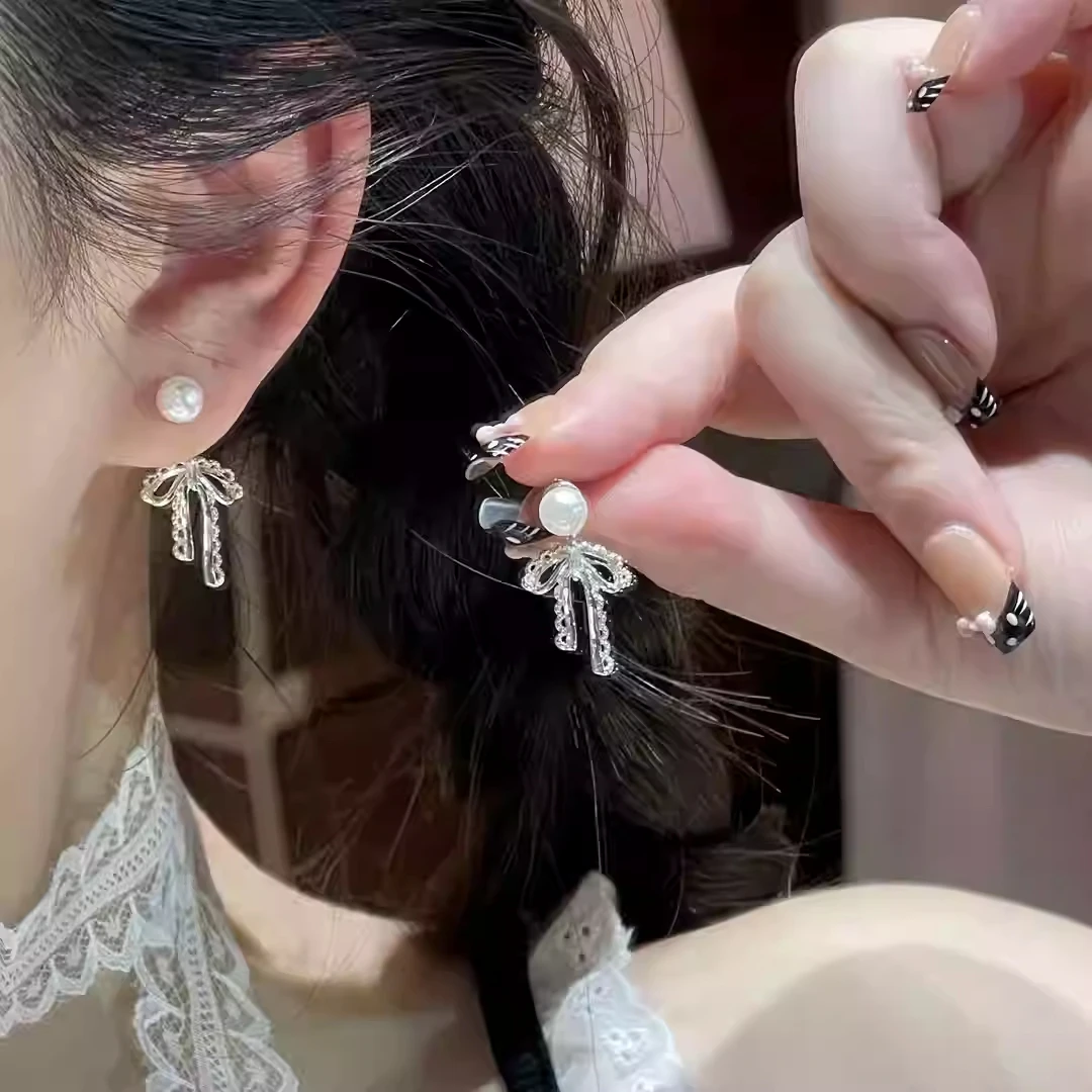 合金耳饰 蕾丝花边蝴蝶结珍珠耳环女轻奢耳钉后挂式小众精致耳饰