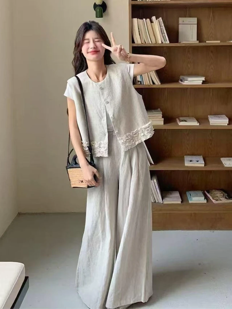 杨杨 夏季时尚气质开衫马甲阔腿裤套装11319