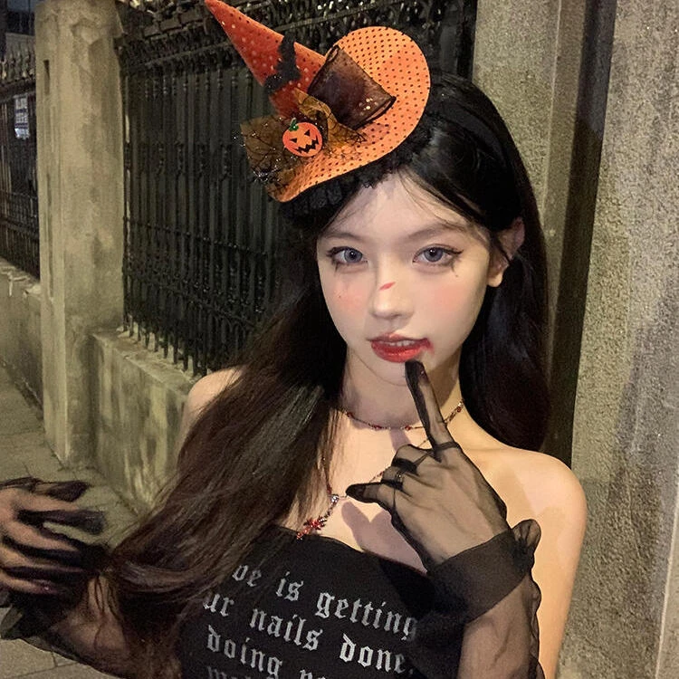 万圣节头饰女巫魔法帽子发箍鬼爪玫瑰花蕾丝头箍道具南瓜发卡头饰