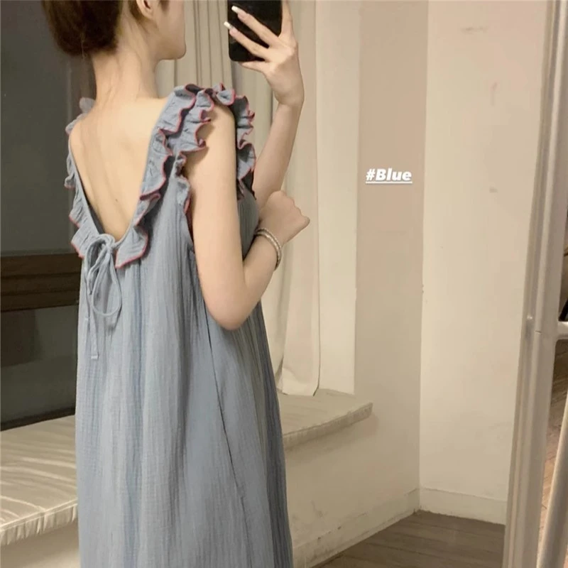 新款棉甜美荷叶边无袖睡裙女夏季公主风睡衣女家居衣服可外穿
