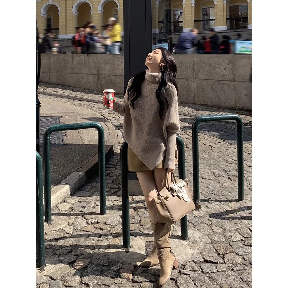 韩版不规则高领设计感毛衣女春秋设计感小众宽松独特内搭针织上衣