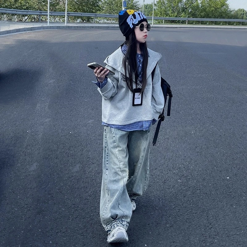 女大童2025春秋新款复古宽松设计感拼接假两件衬衫休闲卫衣牛仔裤