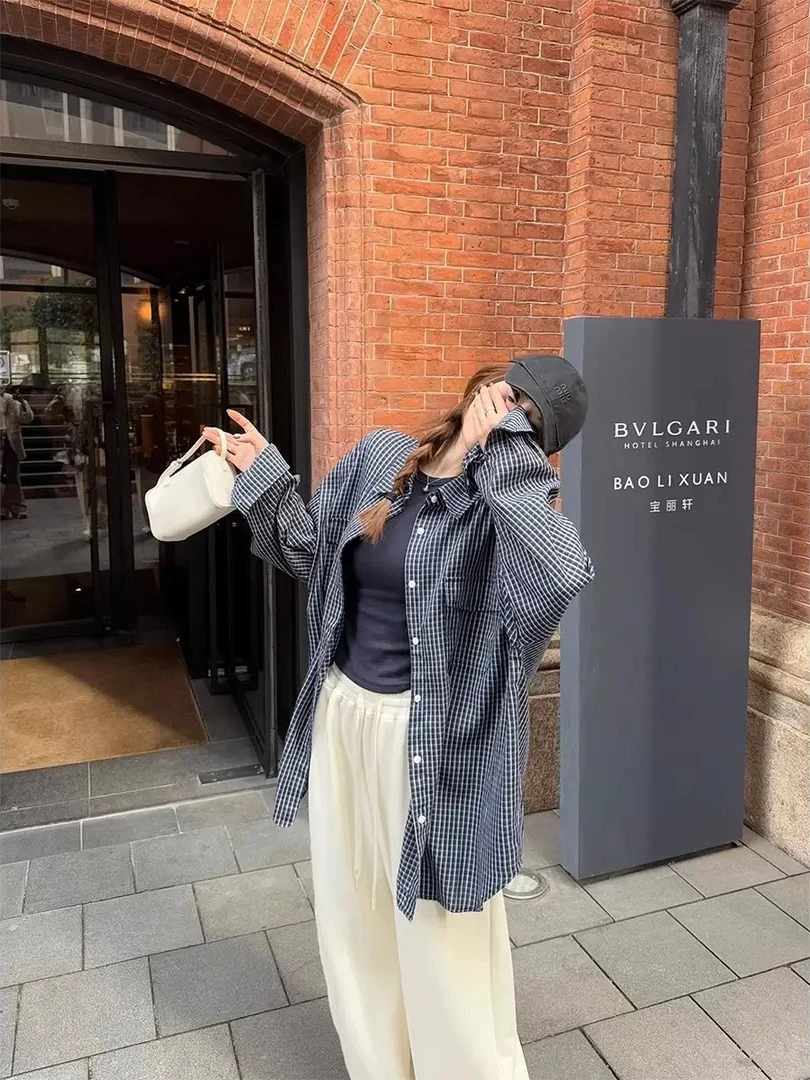 蓝调时刻复古宽松显瘦长袖百搭格纹衬衫女秋季新款设计感时尚休闲