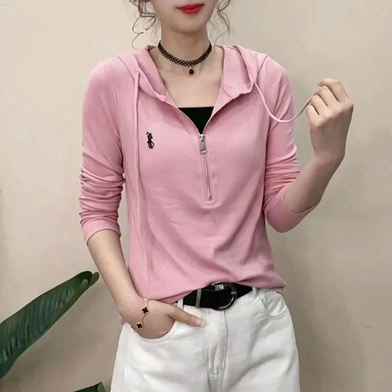 半拉链长袖T恤2025春季新款韩版休闲假两件连帽打底纯色百搭上衣