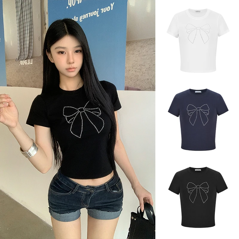 MosesQueen/魔西女王蝴蝶结烫钻设计正肩短袖T恤辣妹短款上衣