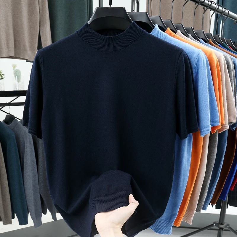 2025新款春秋商务羊毛衫男士半高领毛衣短袖半袖男士t恤短袖