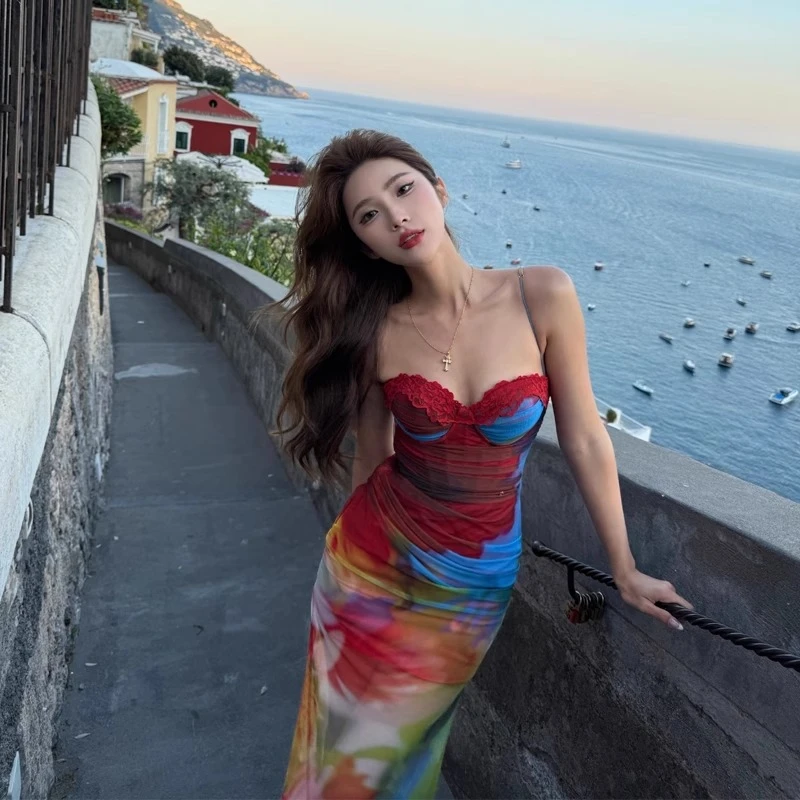 法式绝美水彩晕染性感辣妹吊带连衣裙收腰显瘦包臀长裙海边度假风