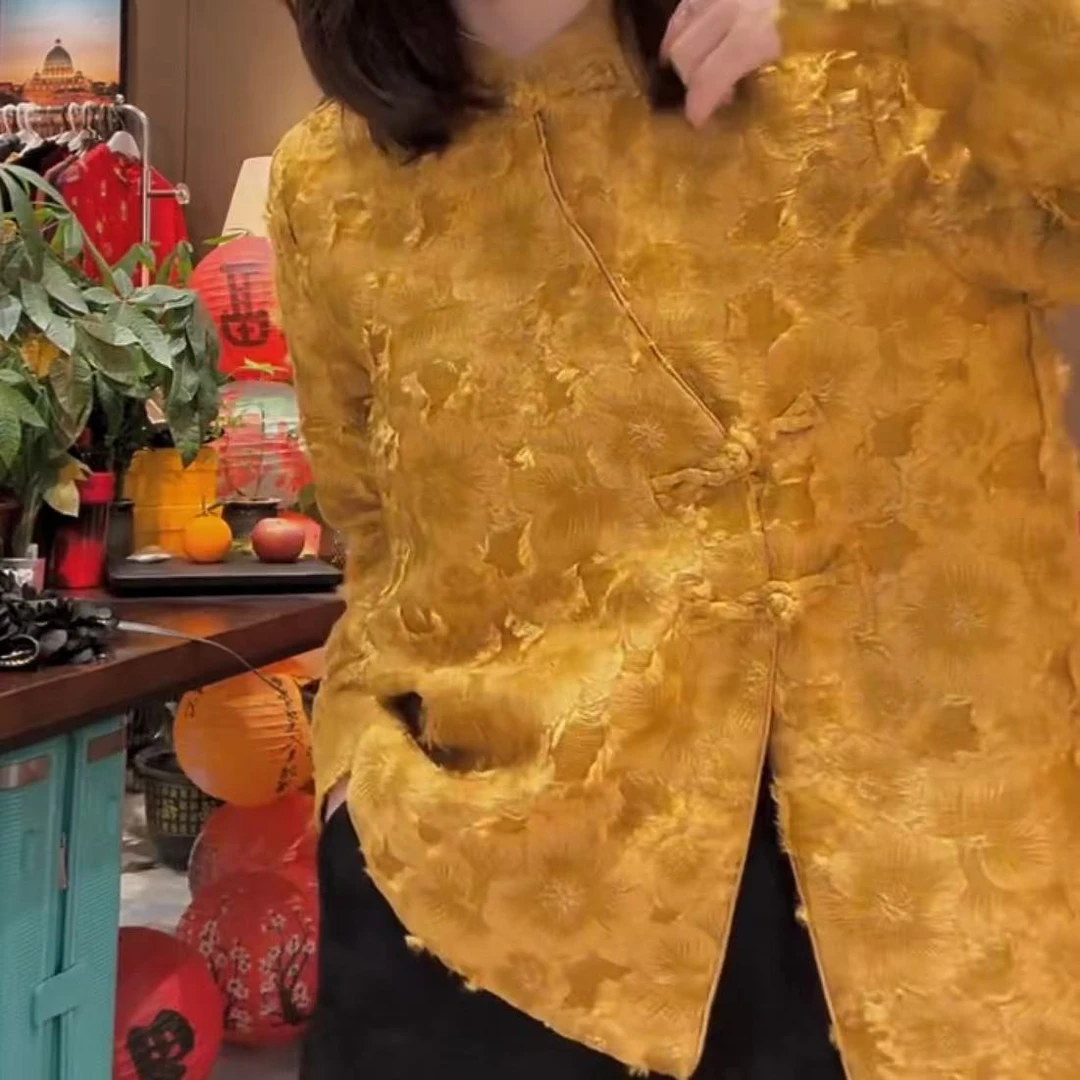 衬衫上衣网红时尚新中式复古重磅中国风做旧提花斜襟女士打底小衫