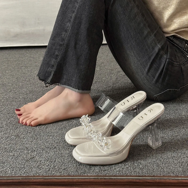 穿搭凉鞋女2025新款夏季外穿法式水钻粗跟水晶凉拖鞋透明高跟鞋