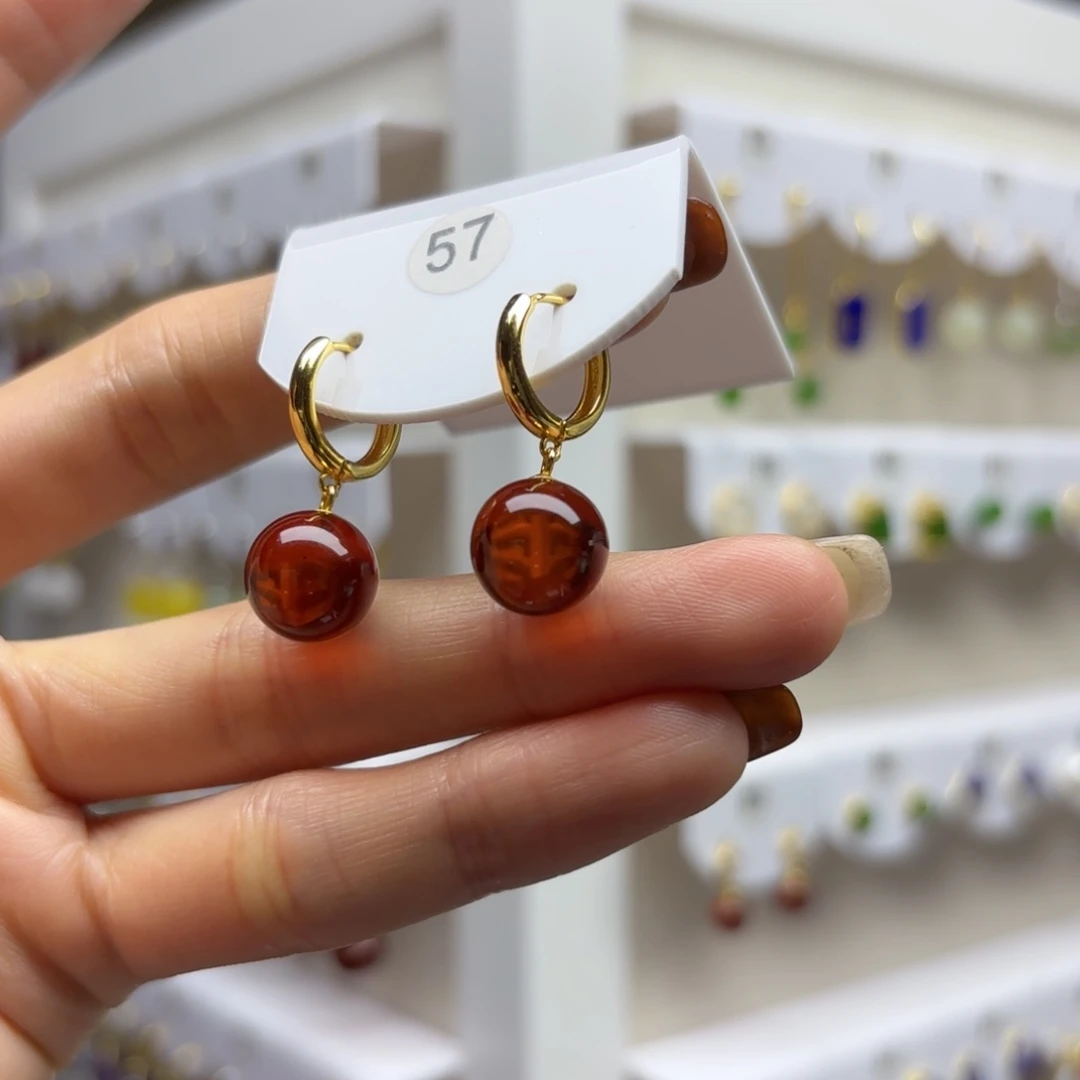血珀银S925镶嵌耳饰
