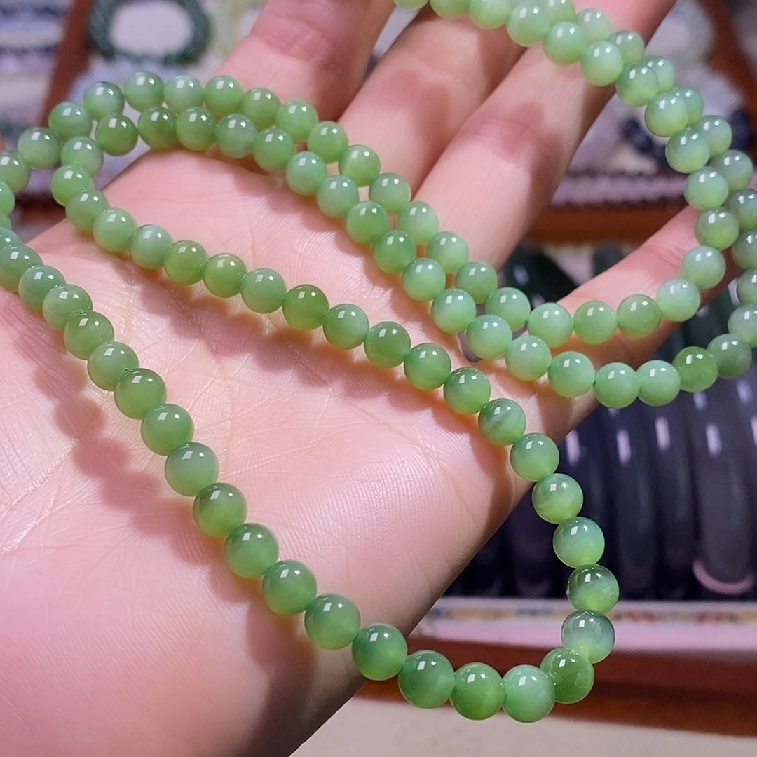 颈饰未镶嵌和田玉碧玉粉绿猫眼6mm金扣项链