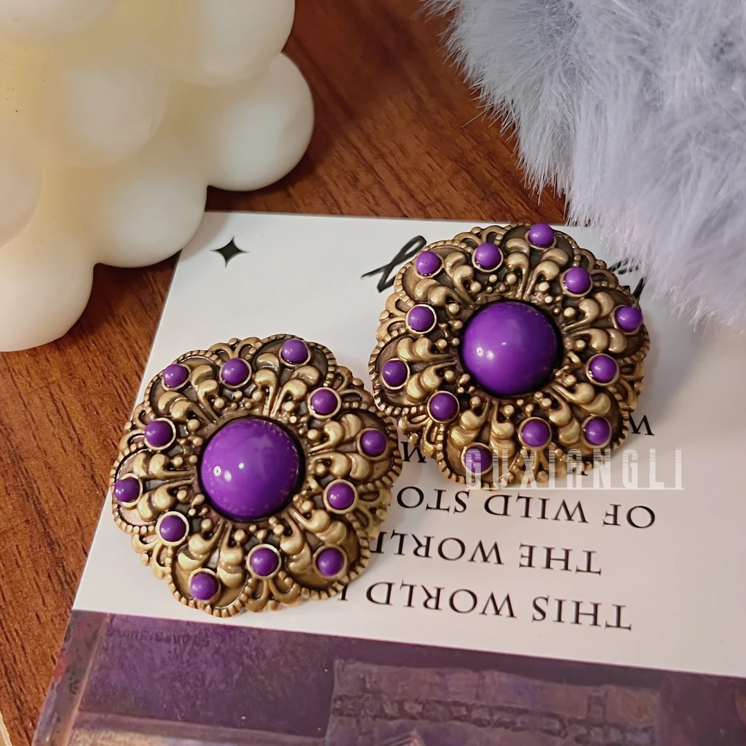 纯铜大理石耳饰 【布蕾斯特】vintage风中古蕾丝花边紫色琉璃耳饰