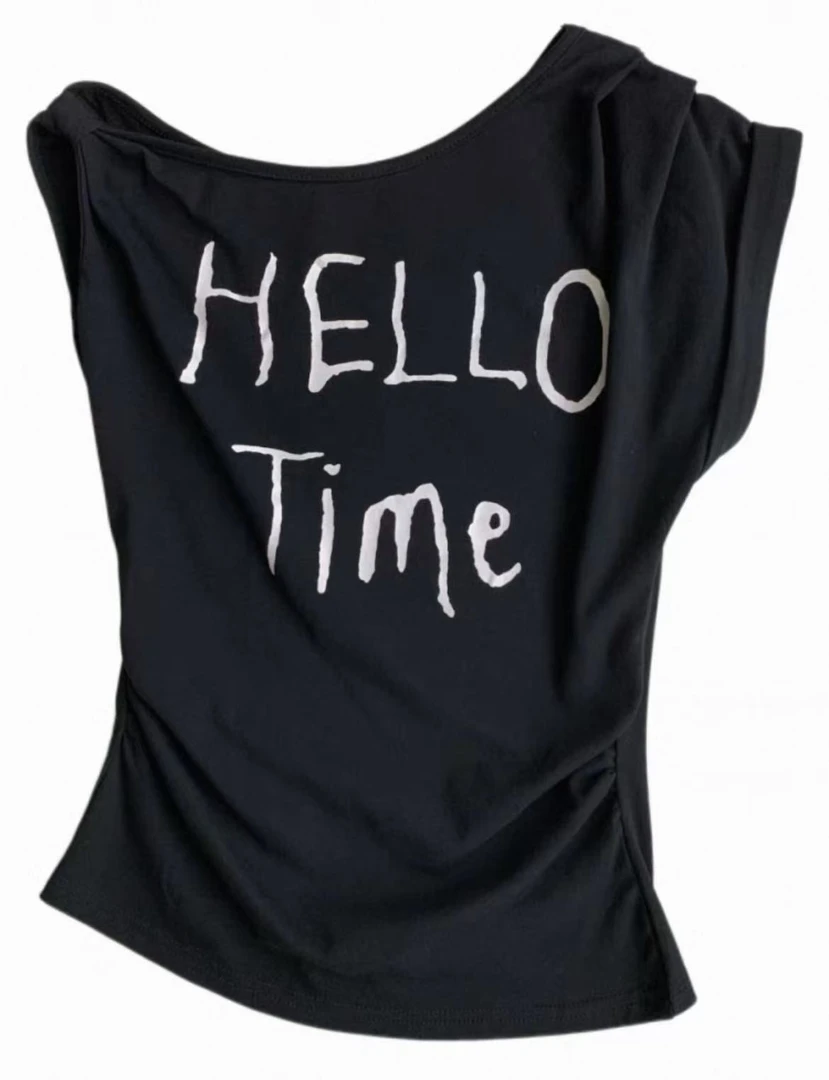 黑色斜肩扭结短袖t恤女夏季韩系宽松字母印花设计感修身露肩上衣