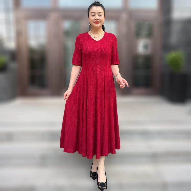 夏季新款高端气质弹力连衣裙长款显瘦减龄中年妈妈收腰大摆长裙