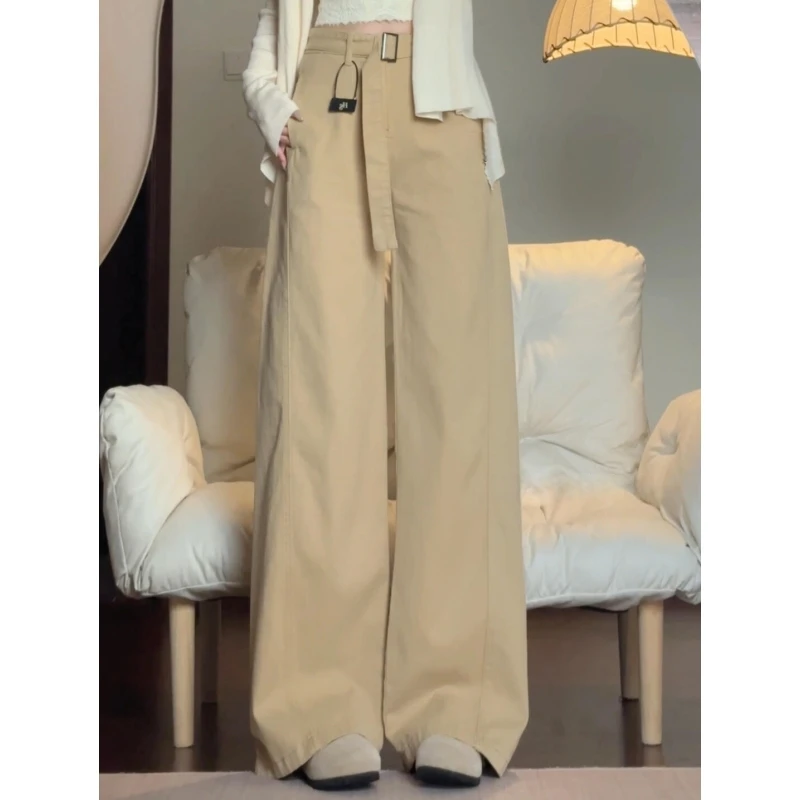 大码胖mm美式卡其色阔腿牛仔裤女夏季新款温柔宽松遮肉显瘦拖地裤