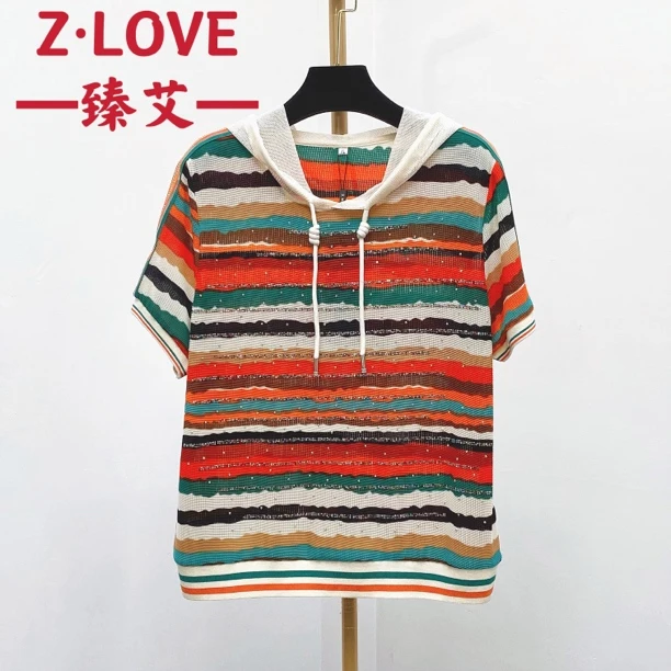 【华伦香风五彩缤纷彩条】休闲连帽修身七彩拼接撞色条纹印花短袖
