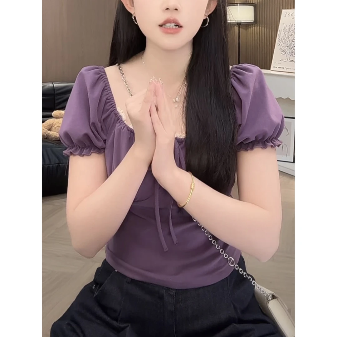 紫色系带方领泡泡短袖衬衫女夏季新款法式甜美花苞袖短款小衫上衣